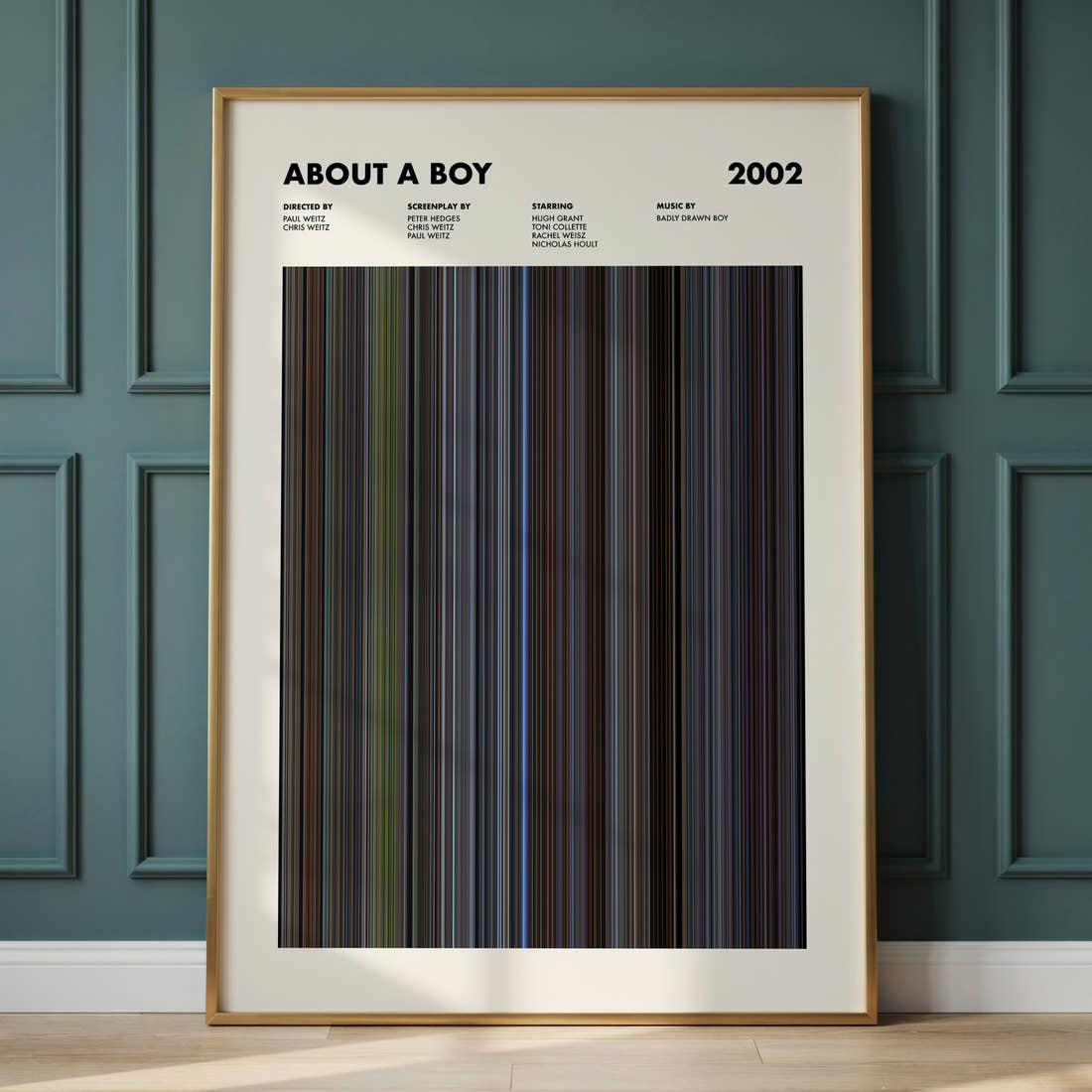 About a Boy Movie Barcode Poster framed and leaning against a panelled wall