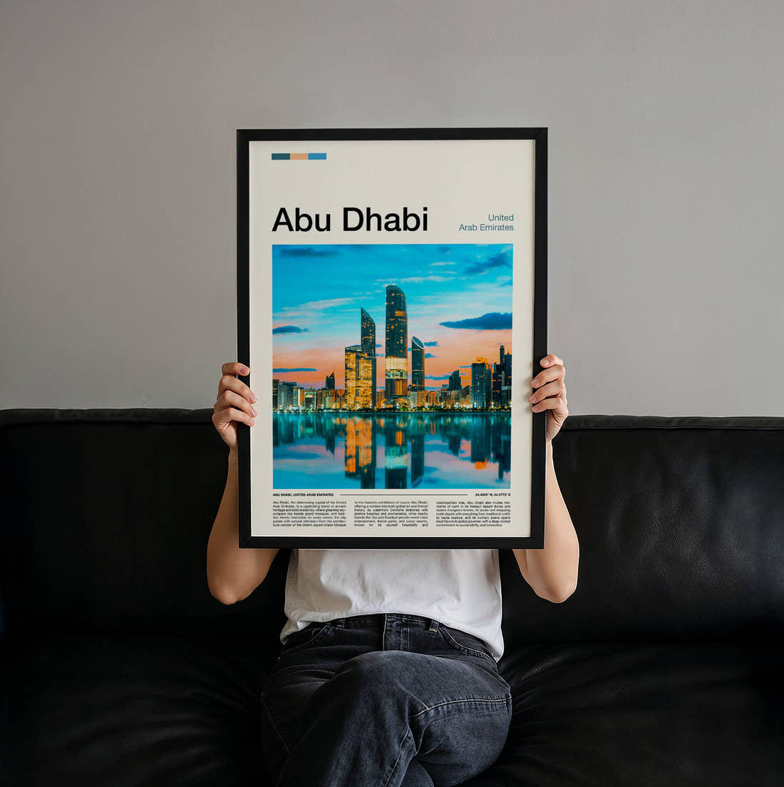 Abu Dhabi Skyline Reflection Travel Print held up by hand to show the size of the print