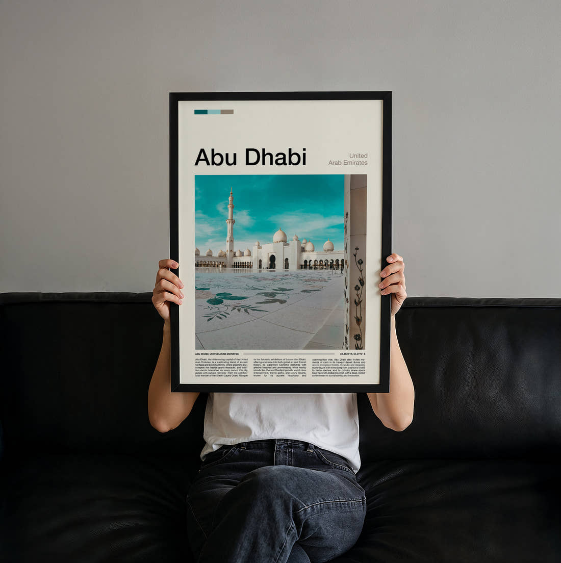 Abu Dhabi Sheikh Zayed Grand Mosque Courtyard Travel Print held up by hand to show the size of the print