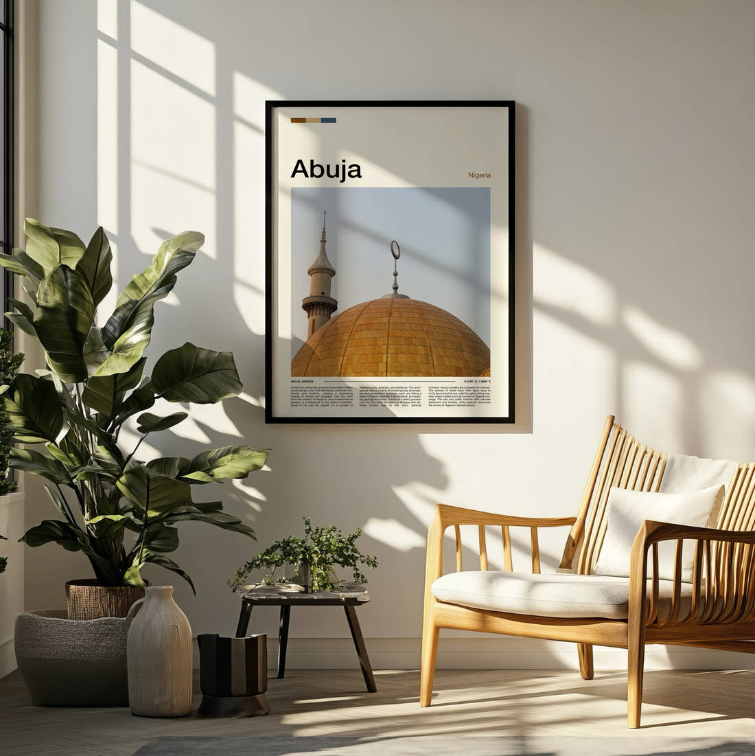 Abuja Golden Dome Travel Print framed on a pale wall beside houseplants