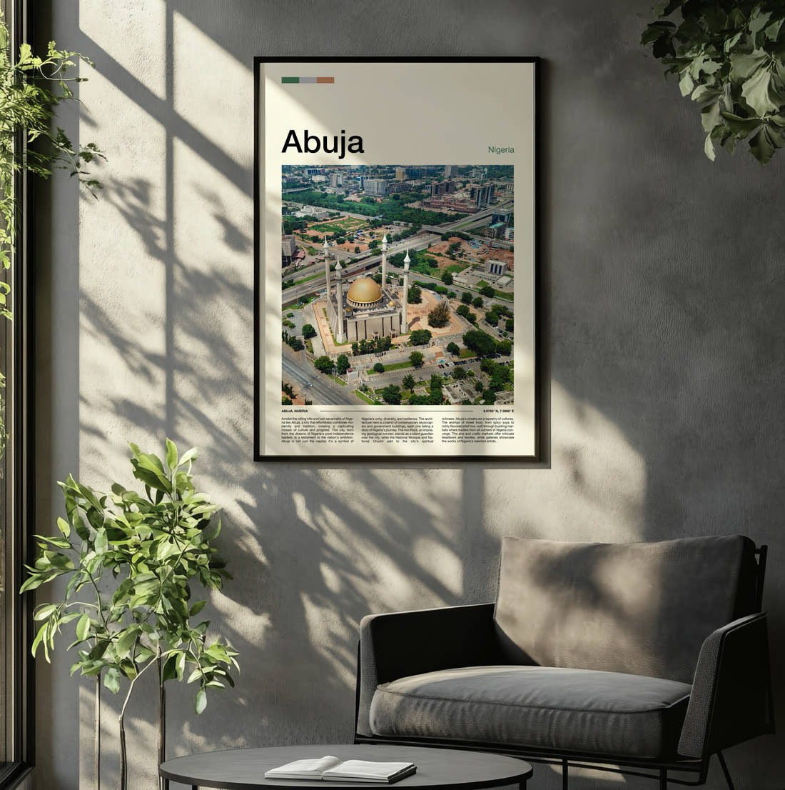 Abuja National Mosque Aerial Travel Print framed on the wall of a relaxed living room