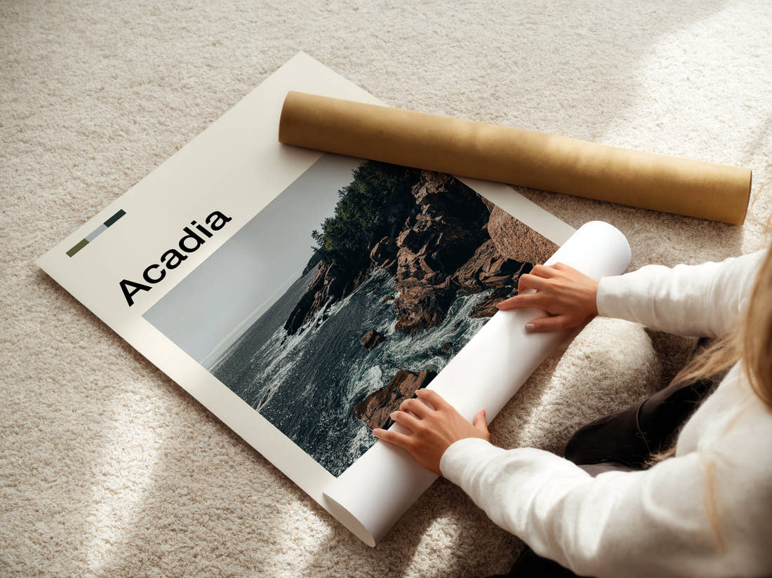 Acadia Rocky Shoreline Travel Print being unrolled from its postal tube