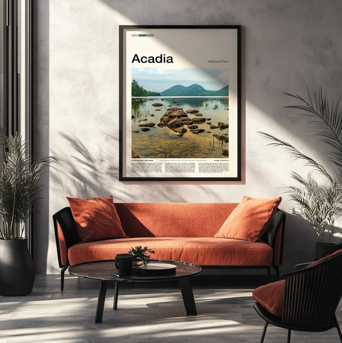 Acadia Jordan Pond Travel Print framed on the wall of a modern living room