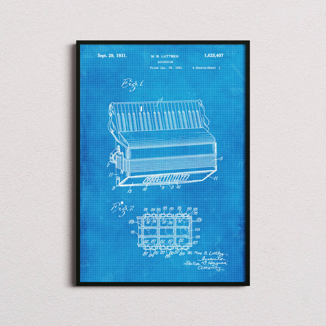Accordion Patent Print in the blueprint colourway, framed