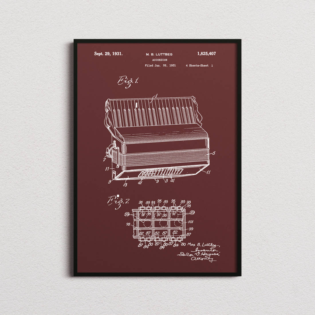 Accordion Patent Print in the burgundy colourway, framed