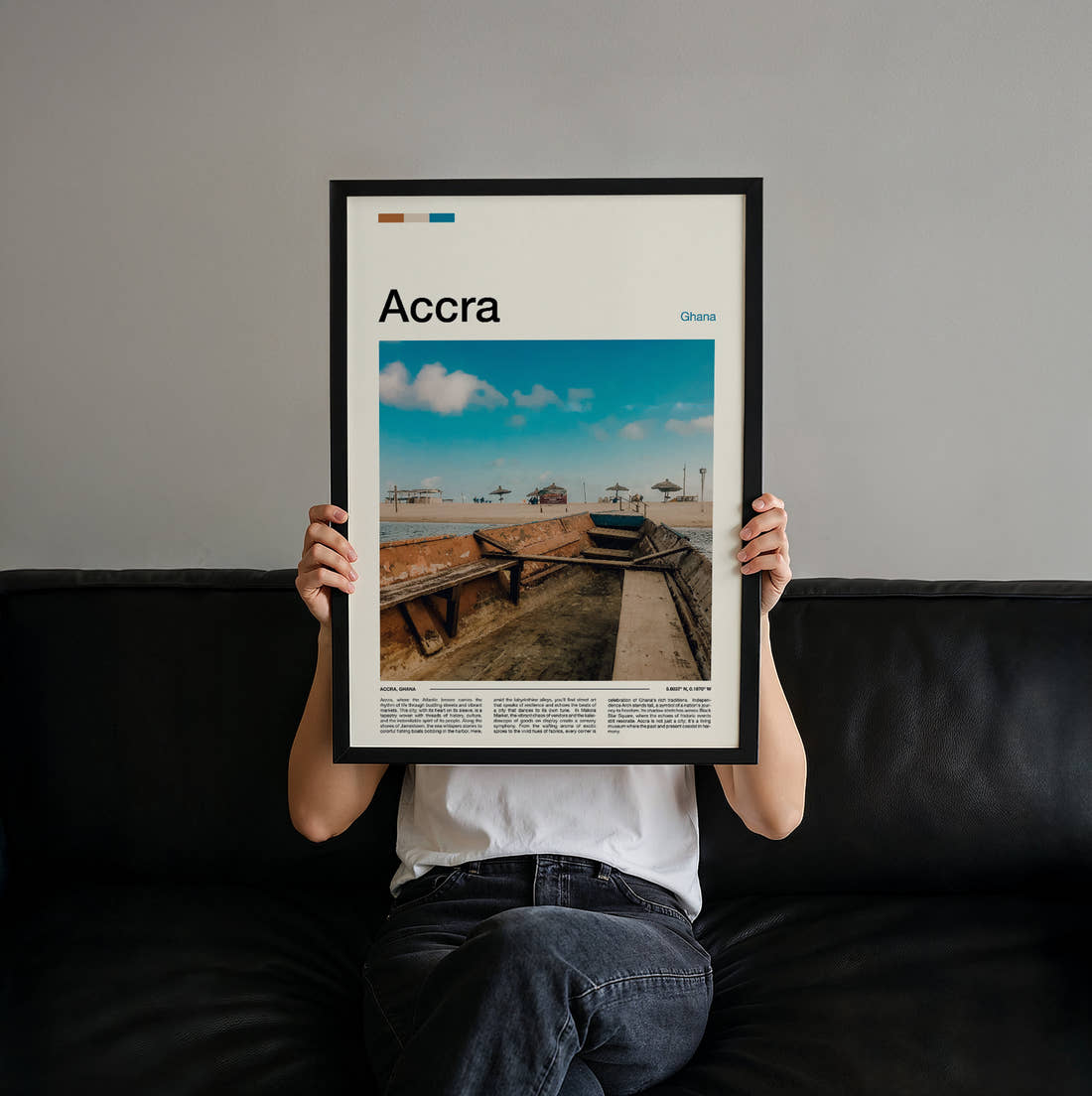 Accra Wooden Boat On Beach Travel Print held up by hand to show the size of the print