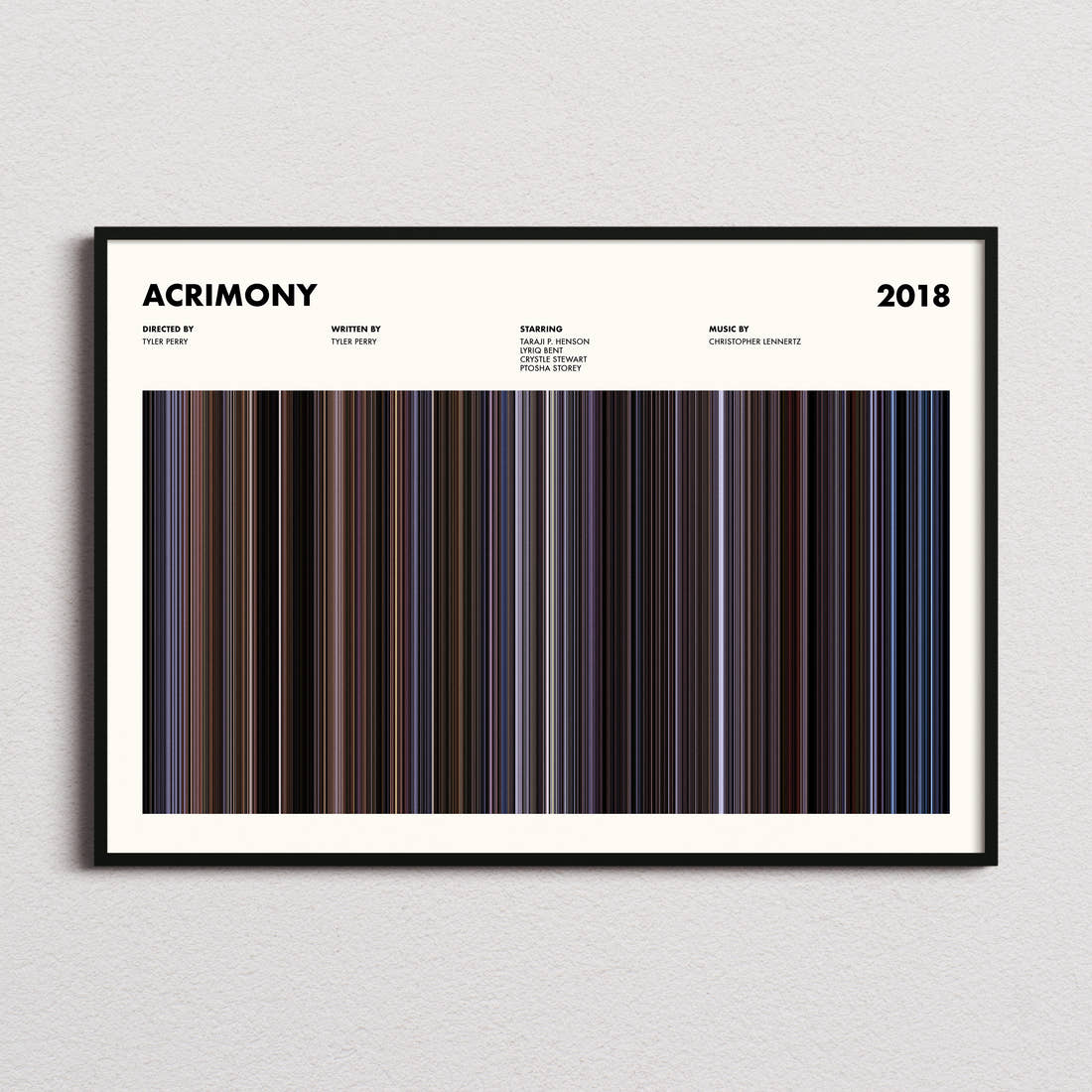 Acrimony Movie Barcode Poster framed and photographed straight on