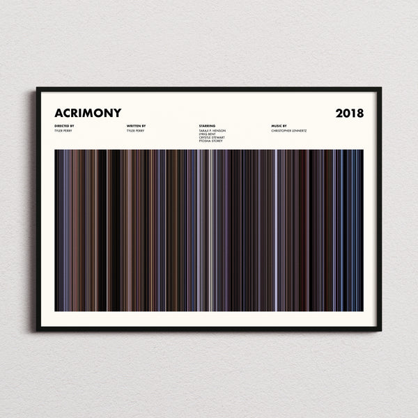 Acrimony Movie Barcode Poster framed and photographed straight on