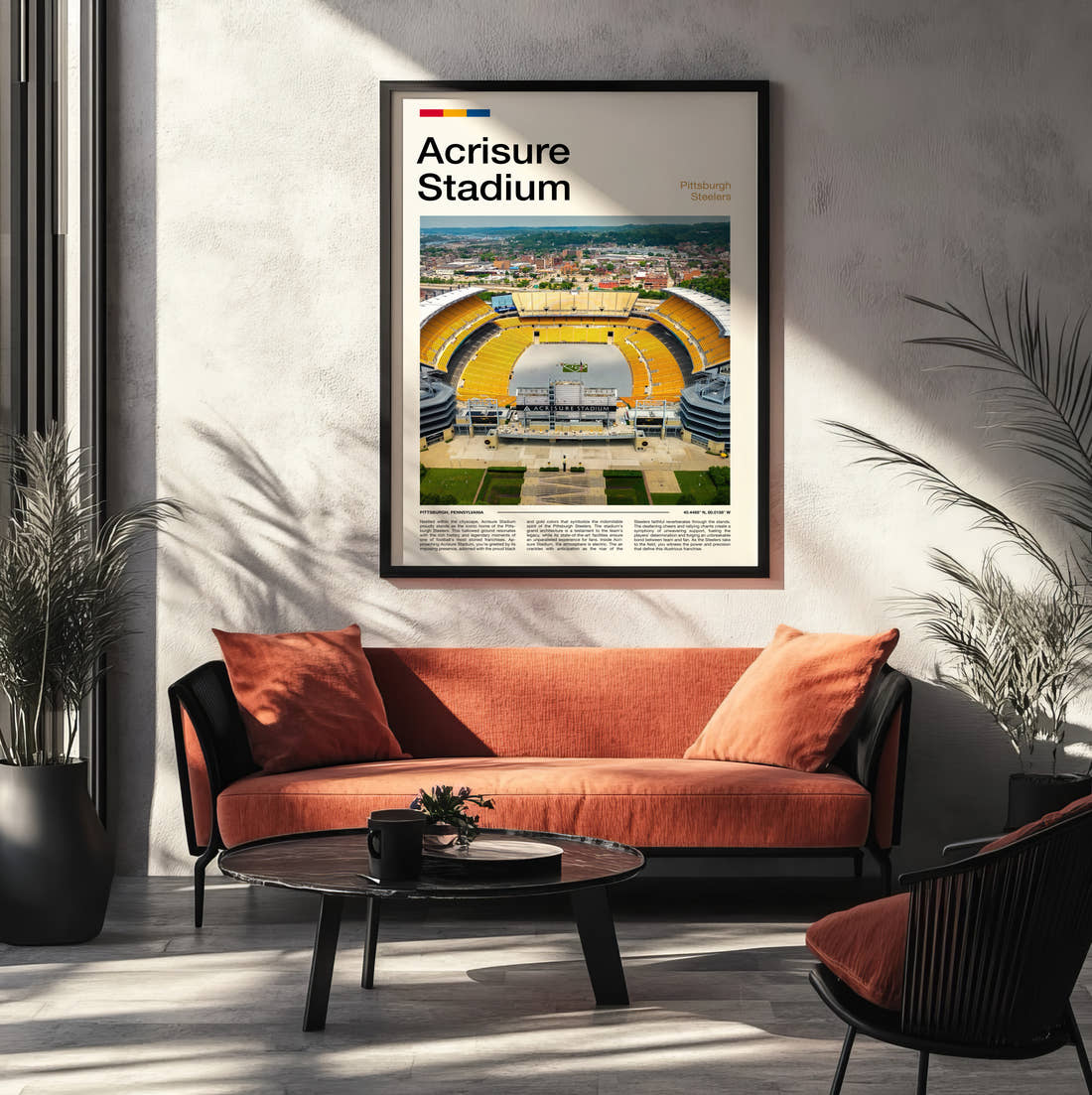 Acrisure Stadium Print framed on the wall of a modern living room