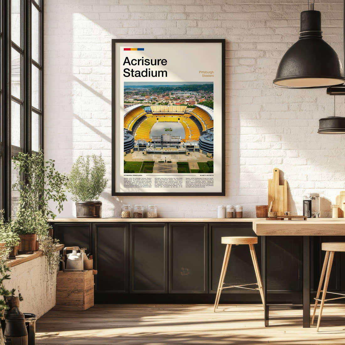 Acrisure Stadium Print framed on the wall of a bright kitchen and dining space