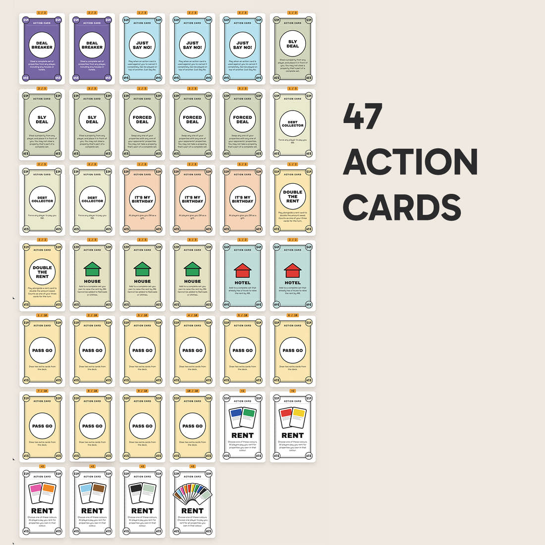 Custom Monopoly Deal Cards - 47 action cards