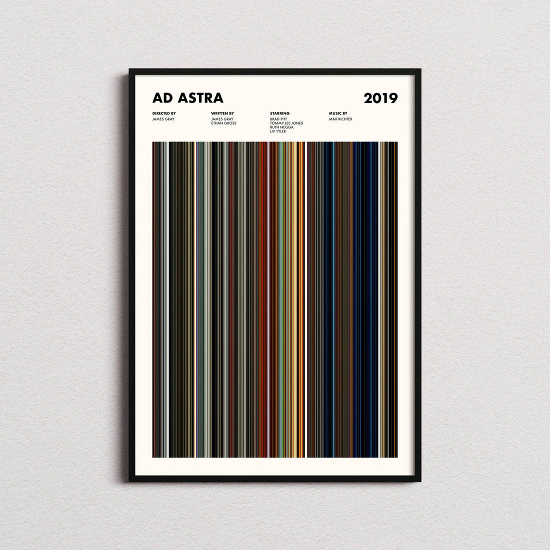 Ad Astra Movie Barcode Poster framed on a plain studio wall
