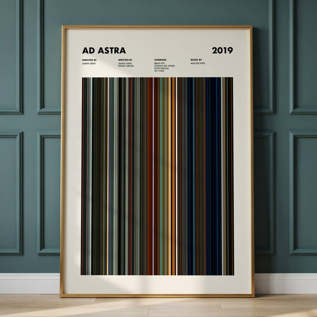 Ad Astra Movie Barcode Poster framed and leaning against a panelled wall