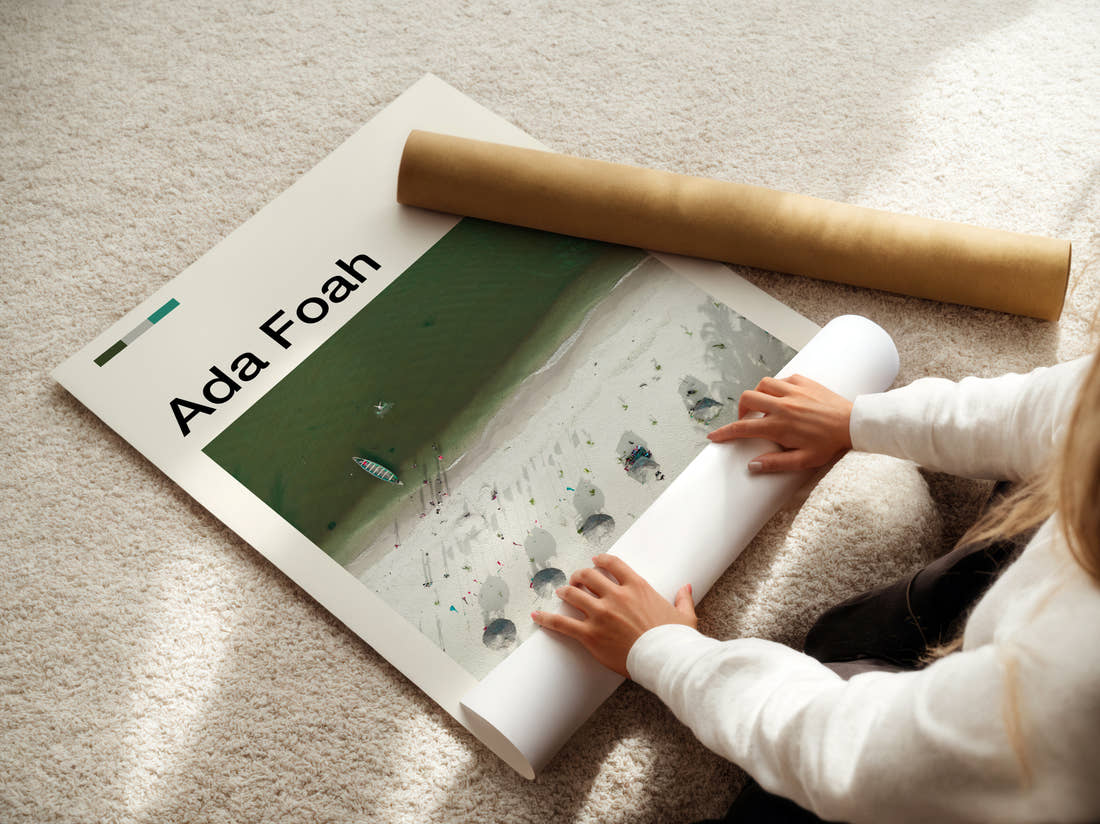 Ada Foah Aerial Beach View Travel Print being unrolled from its postal tube