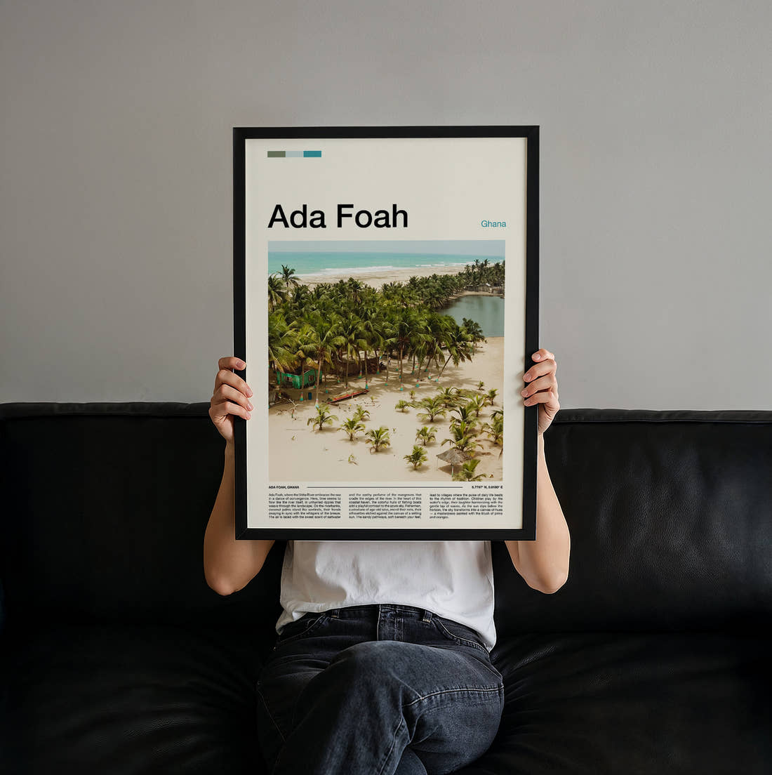 Ada Foah Palm Trees On The Beach Travel Print held up by hand to show the size of the print