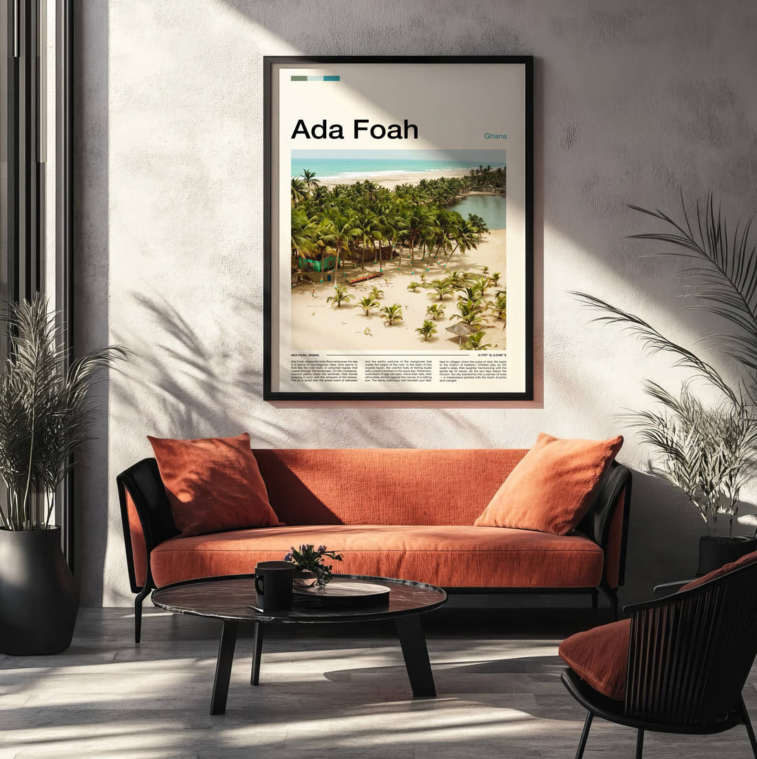 Ada Foah Palm Trees On The Beach Travel Print framed on the wall of a modern living room