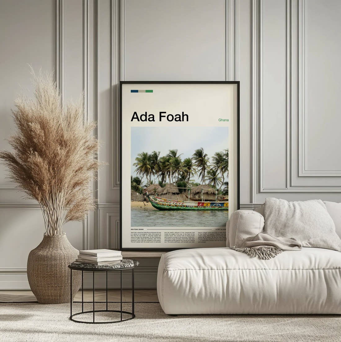 Ada Foah Painted Fishing Boat Travel Print framed on the wall of a calm, neutral bedroom