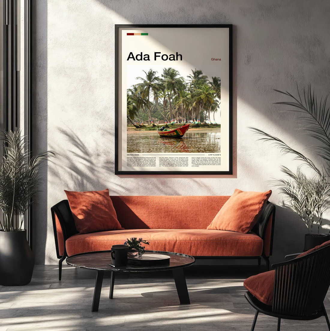 Ada Foah Boat Among Palm Trees Travel Print framed on the wall of a modern living room