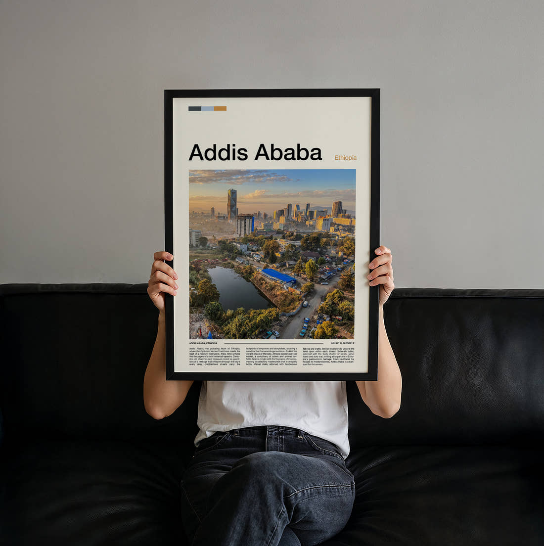 Addis Ababa Aerial City View Travel Print held up by hand to show the size of the print