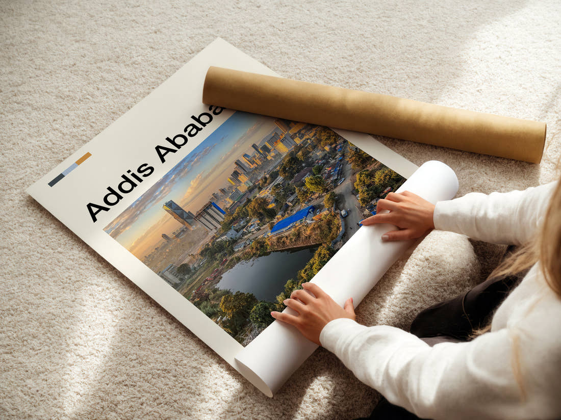 Addis Ababa Aerial City View Travel Print being unrolled from its postal tube