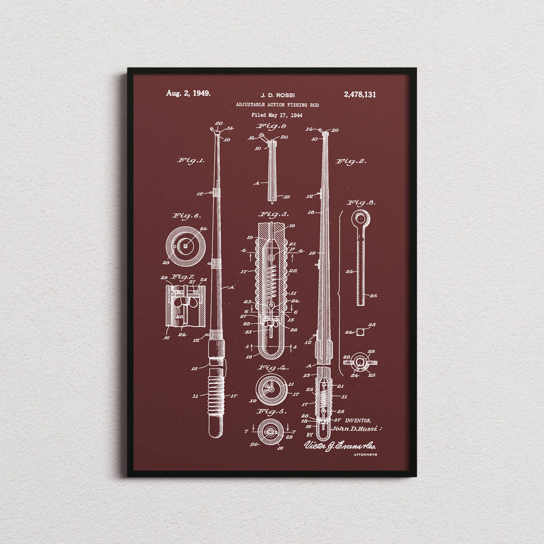 Fishing Rod Patent Print in the burgundy colourway, framed