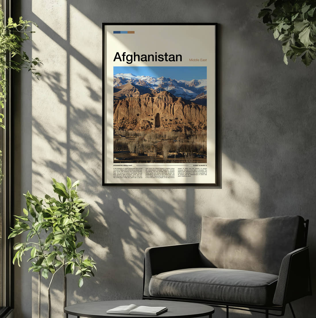 Afghanistan Bamiyan Buddha Cliffs Travel Print framed on the wall of a relaxed living room