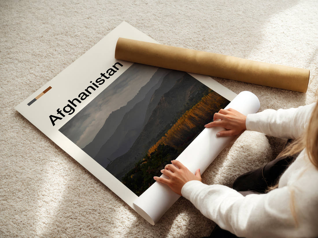Afghanistan Autumn Trees Below Mountains Travel Print being unrolled from its postal tube