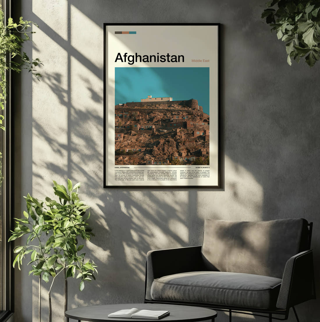 Afghanistan Houses On The Hillside Travel Print framed on the wall of a relaxed living room