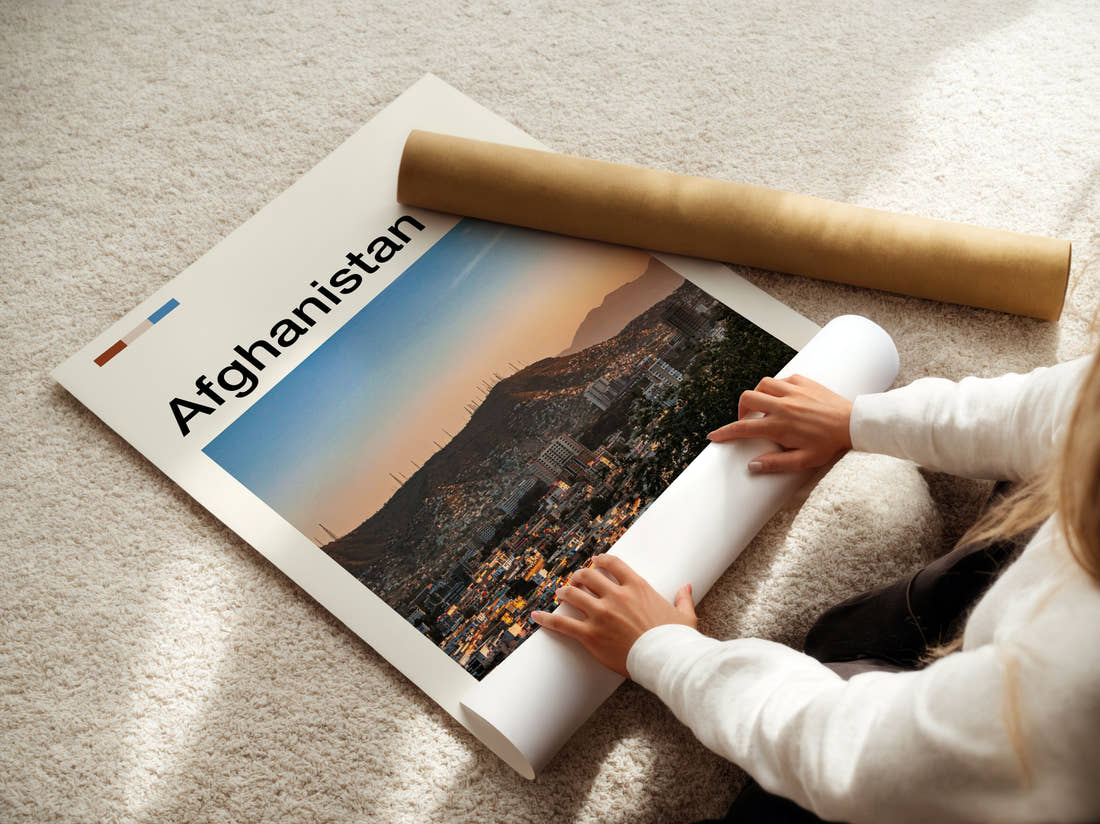 Afghanistan City Below Mountains Travel Print being unrolled from its postal tube