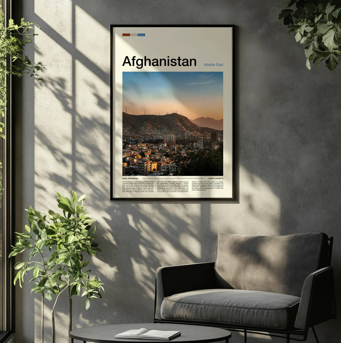 Afghanistan City Below Mountains Travel Print framed on the wall of a relaxed living room