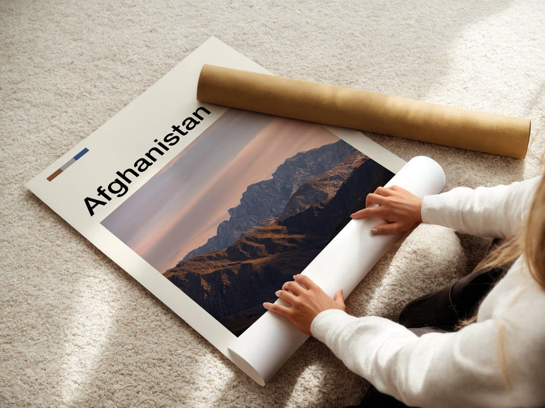 Afghanistan Rugged Mountains Travel Print being unrolled from its postal tube