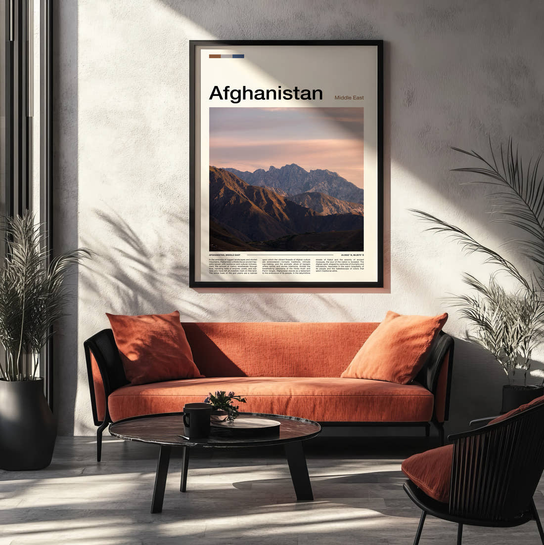 Afghanistan Rugged Mountains Travel Print framed on the wall of a modern living room