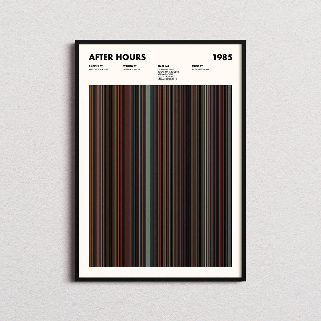 After Hours Movie Barcode Poster framed on a plain studio wall