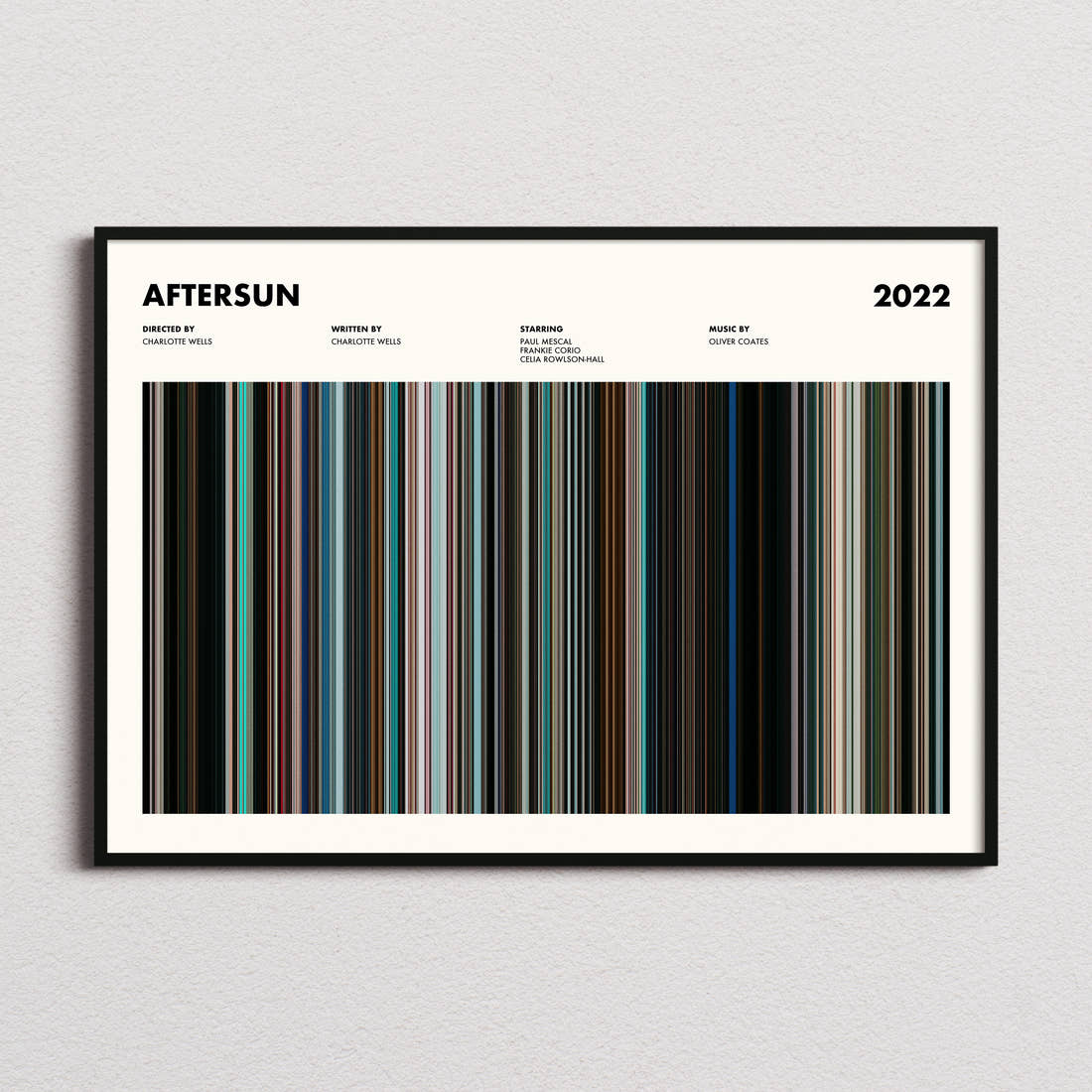 Aftersun Movie Barcode Poster framed and photographed straight on