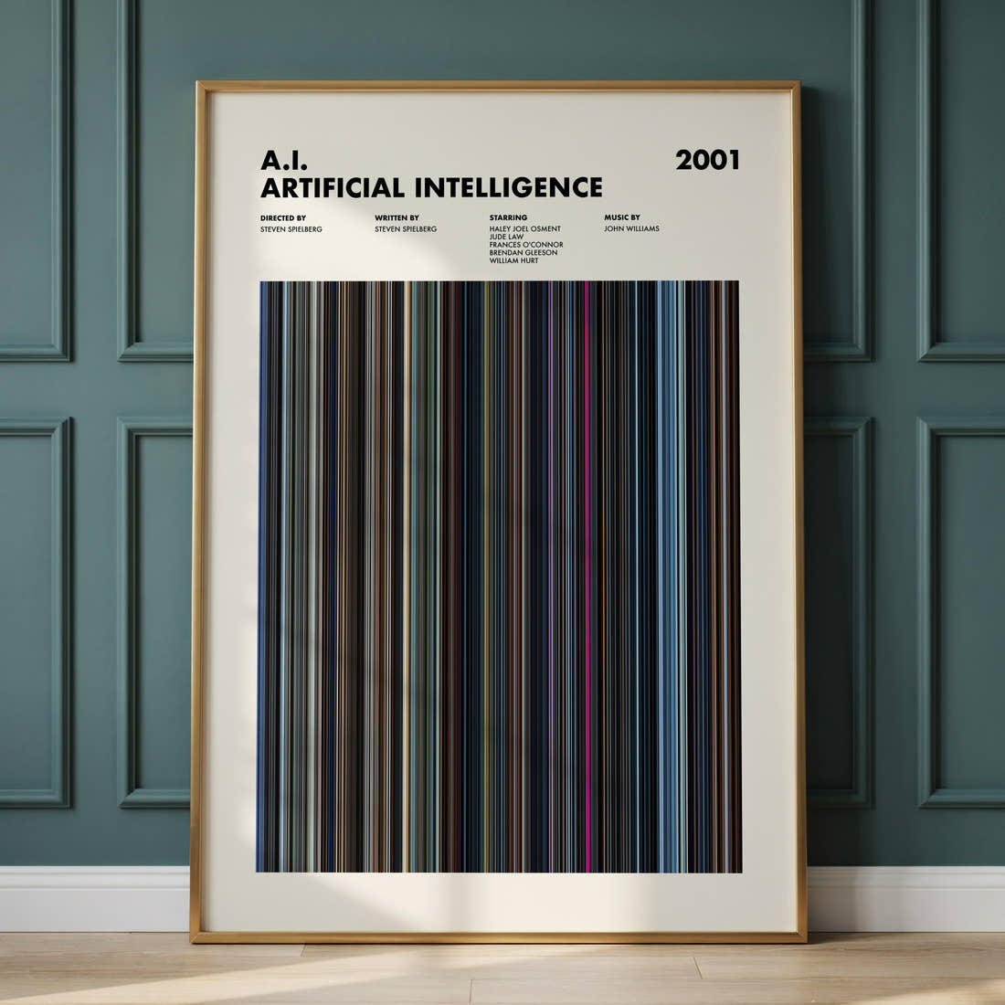 A.I. Artificial Intelligence Movie Barcode Poster framed and leaning against a panelled wall