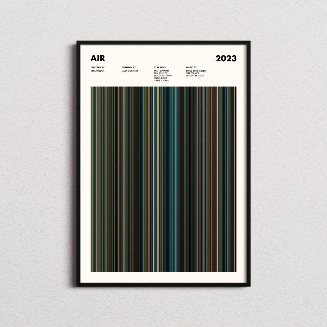 Air Movie Barcode Poster framed on a plain studio wall