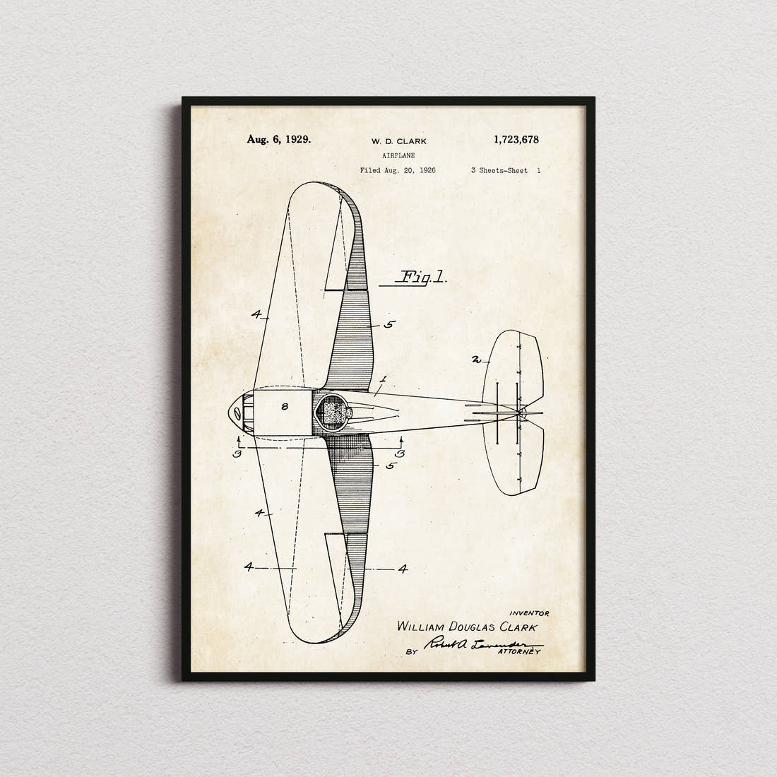 Airplane (Clark) Patent Print in the aged paper colourway, framed