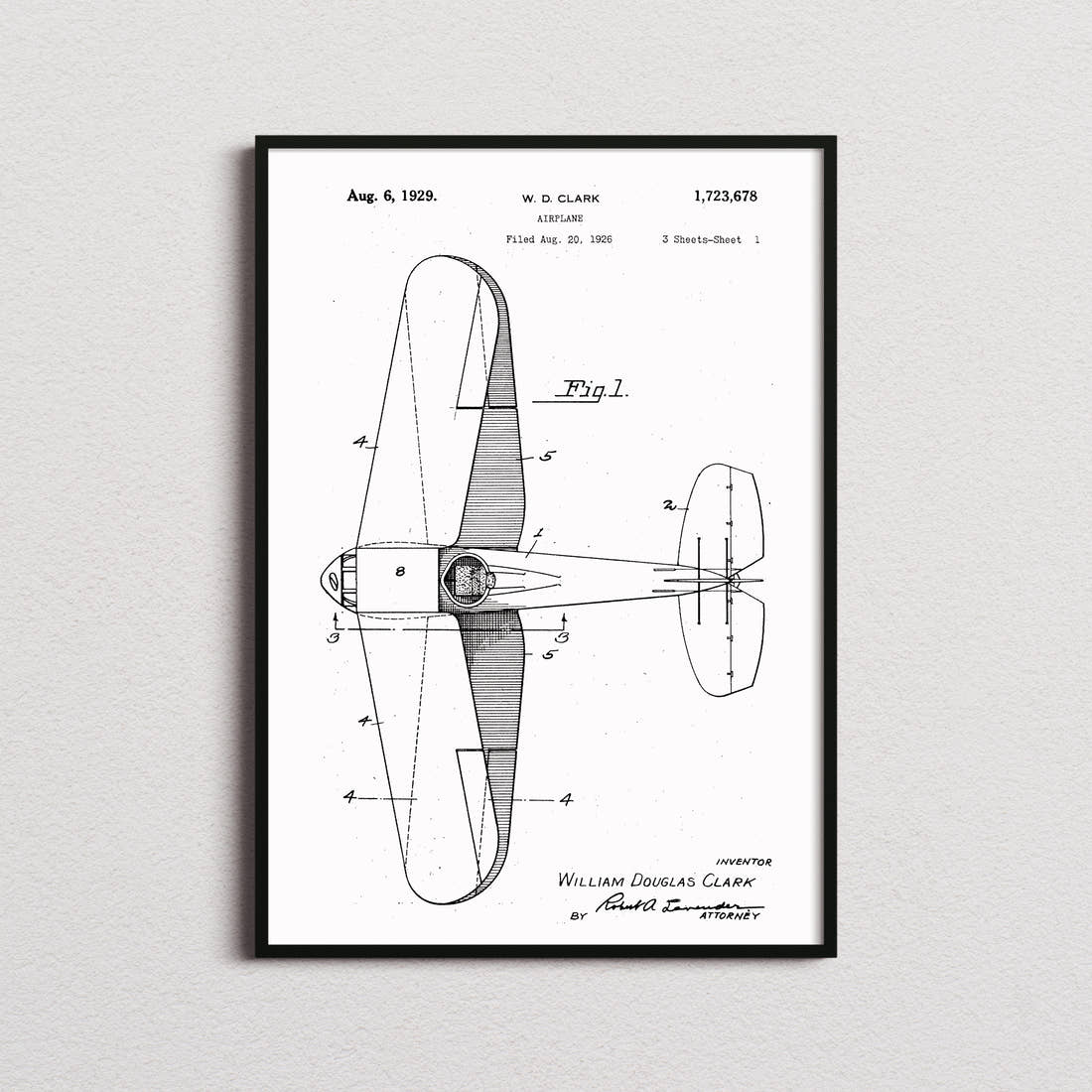 Airplane (Clark) Patent Print in the white colourway, framed