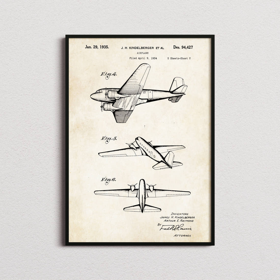 Airplane (Kindelberger) Patent Print in the aged paper colourway, framed
