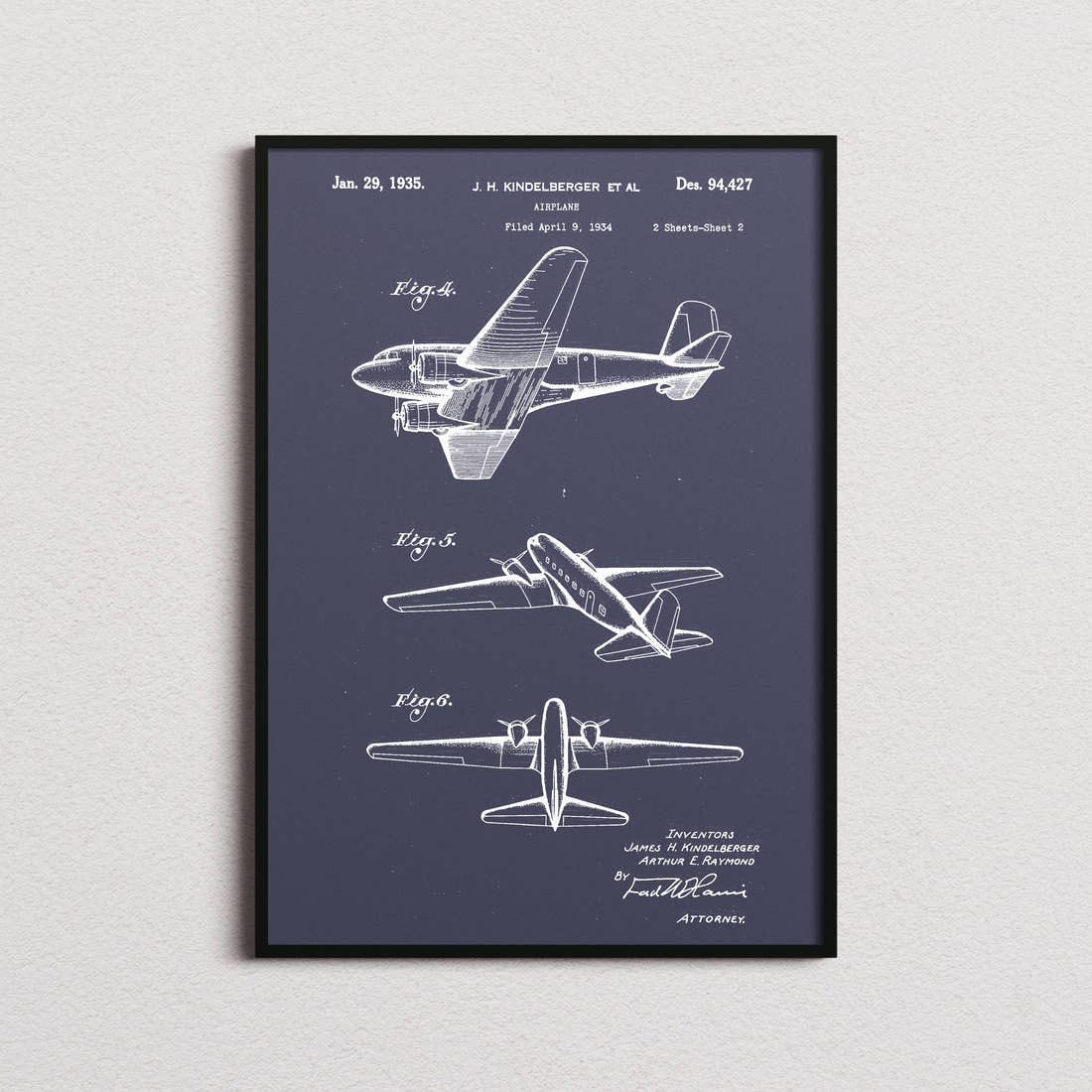 Airplane (Kindelberger) Patent Print in the navy colourway, framed