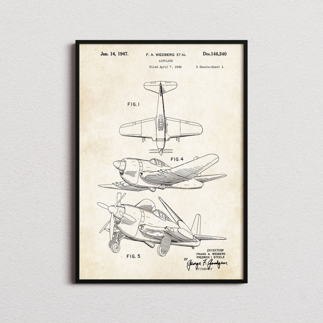 Airplane (Wedberg) Patent Print in the aged paper colourway, framed