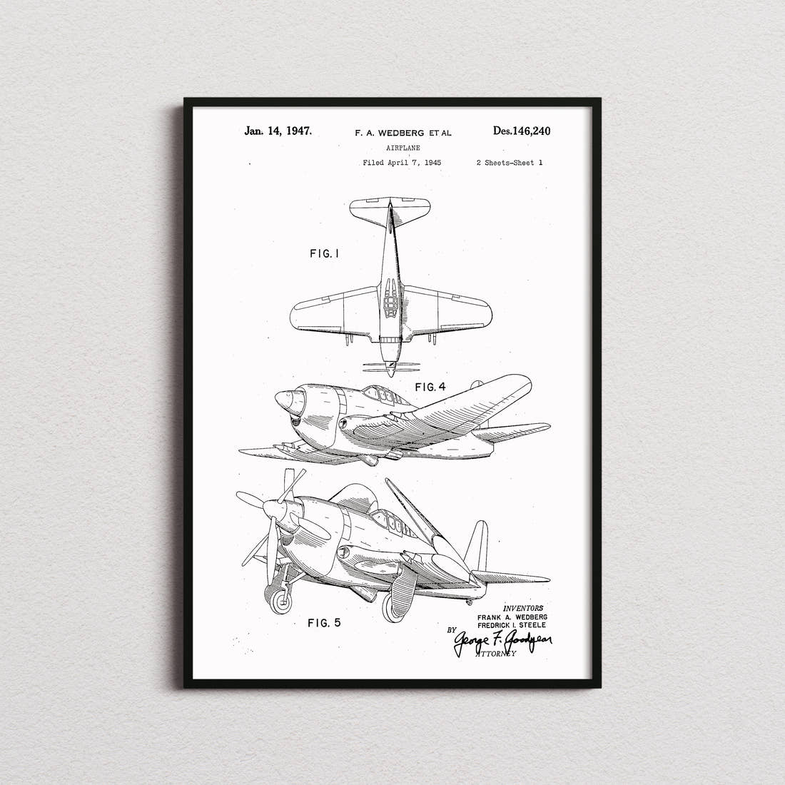 Airplane (Wedberg) Patent Print in the white colourway, framed