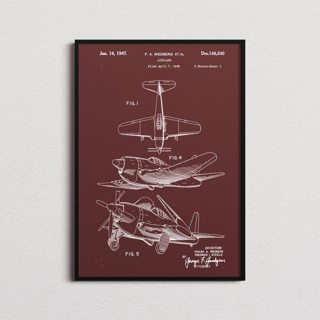Airplane (Wedberg) Patent Print in the burgundy colourway, framed