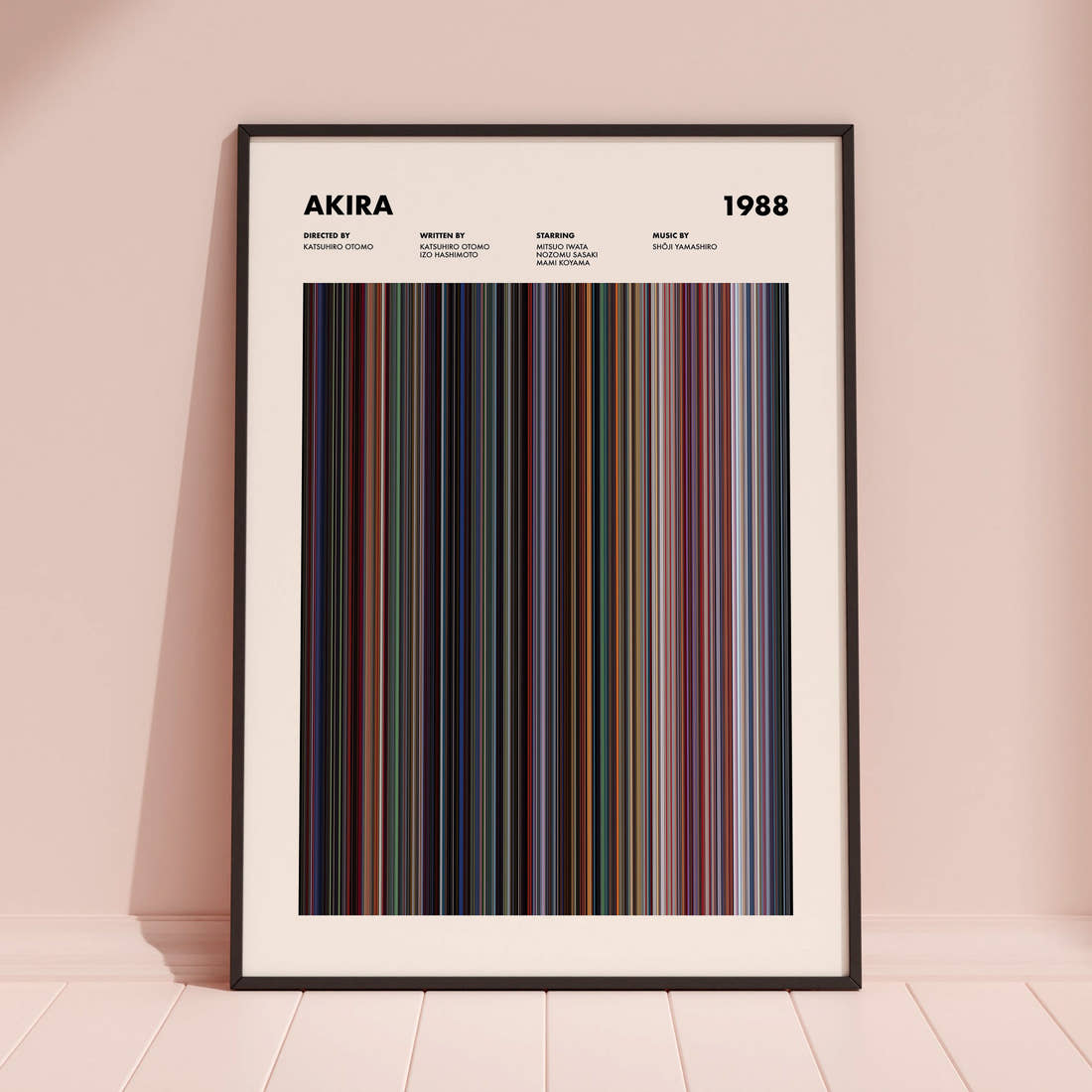 Akira Movie Barcode Poster framed and leaning against a coloured wall