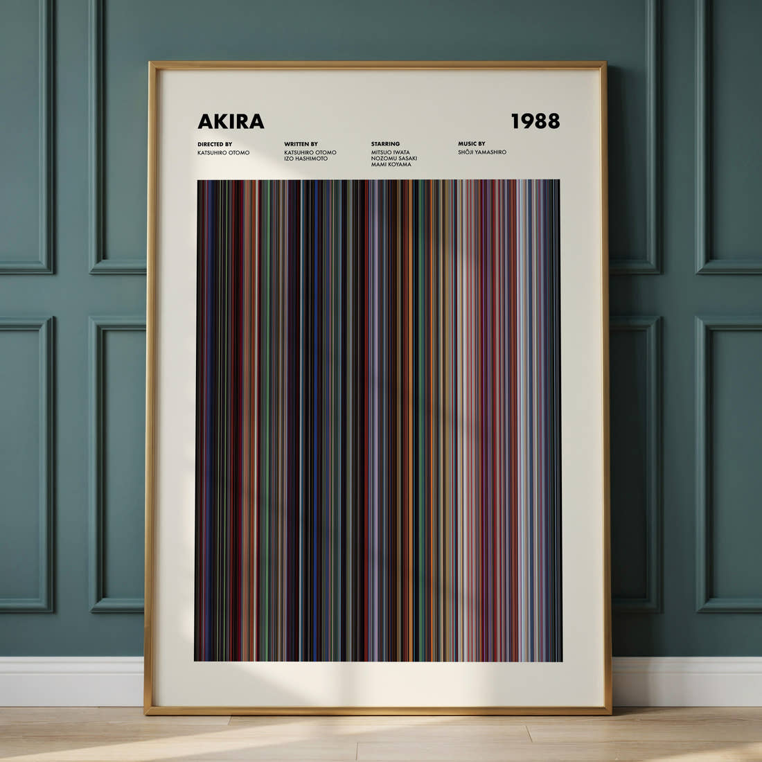 Akira Movie Barcode Poster framed and leaning against a panelled wall