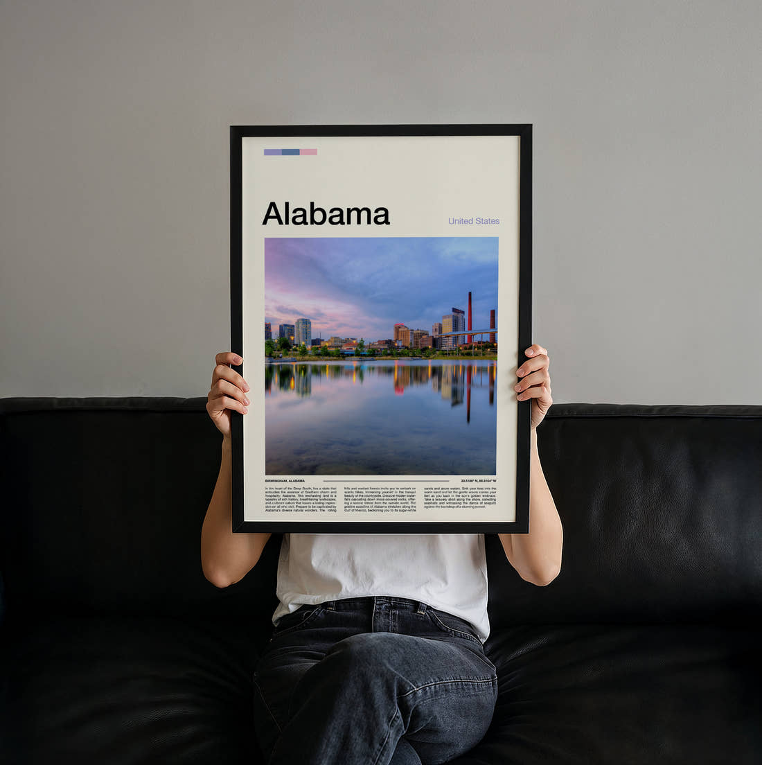 Alabama City Skyline Reflection Travel Print held up by hand to show the size of the print