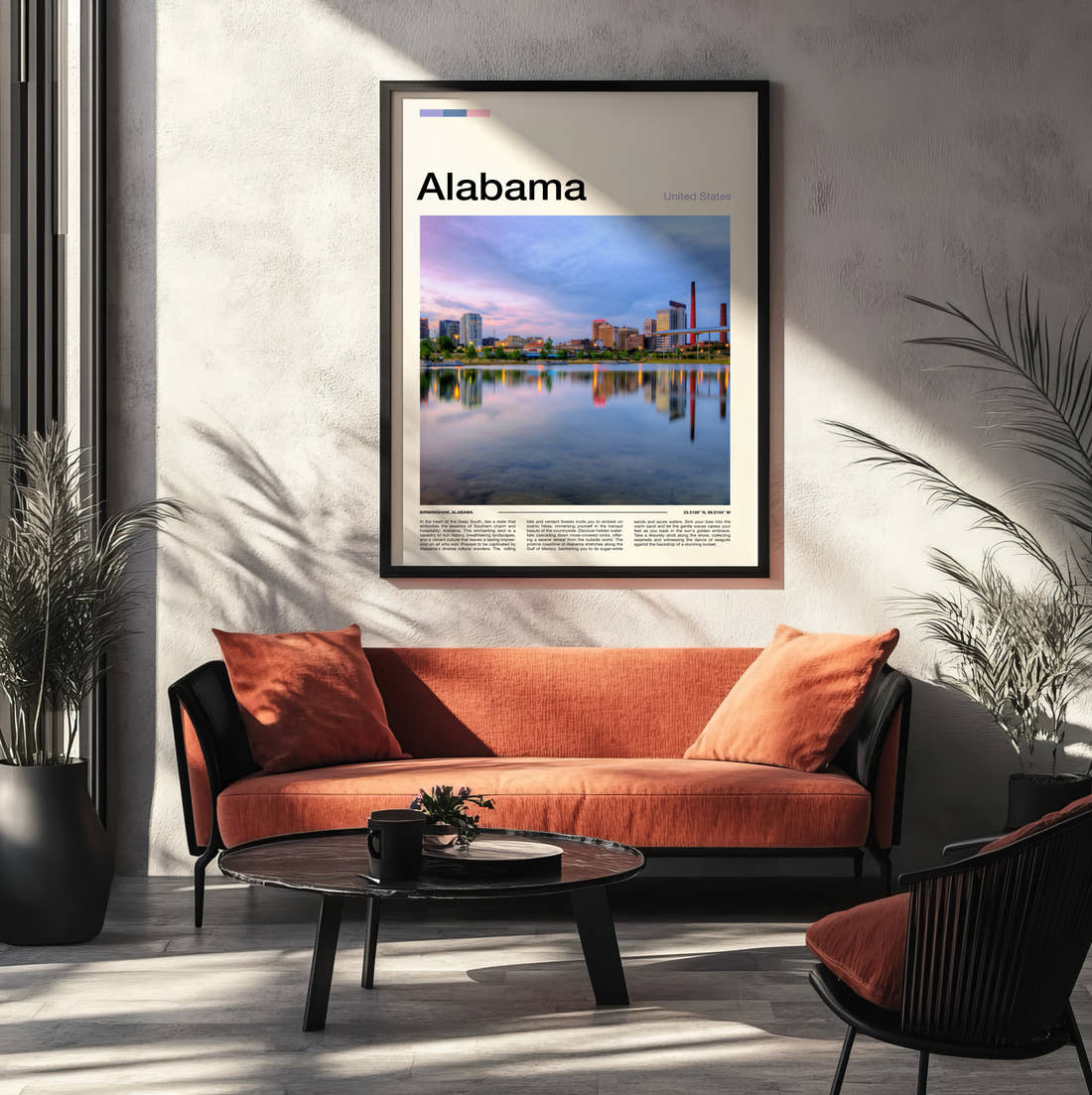 Alabama City Skyline Reflection Travel Print framed on the wall of a modern living room