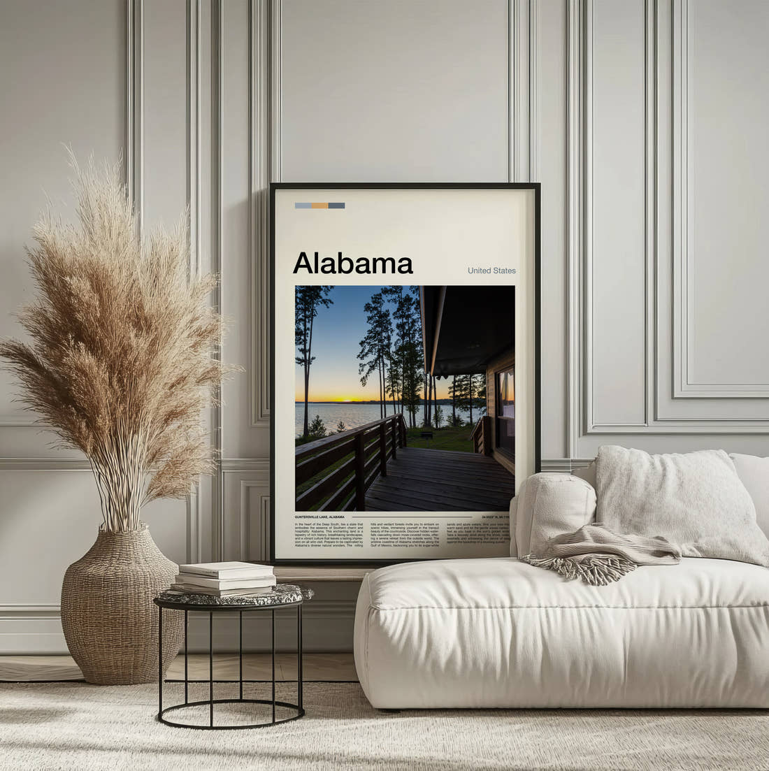 Alabama Lakeside Cabin Deck Travel Print framed on the wall of a calm, neutral bedroom