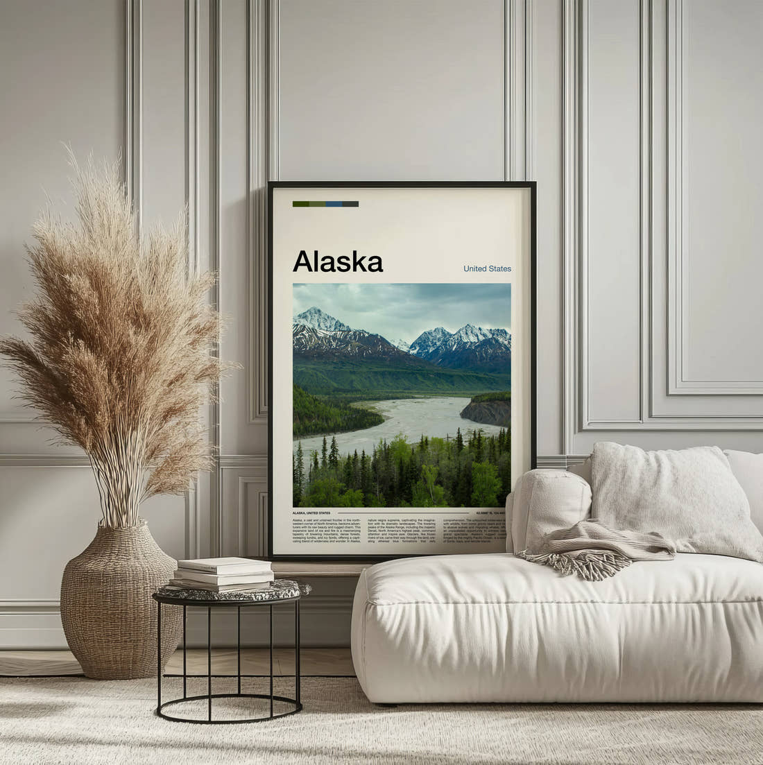 Alaska River Valley And Mountains Travel Print framed on the wall of a calm, neutral bedroom