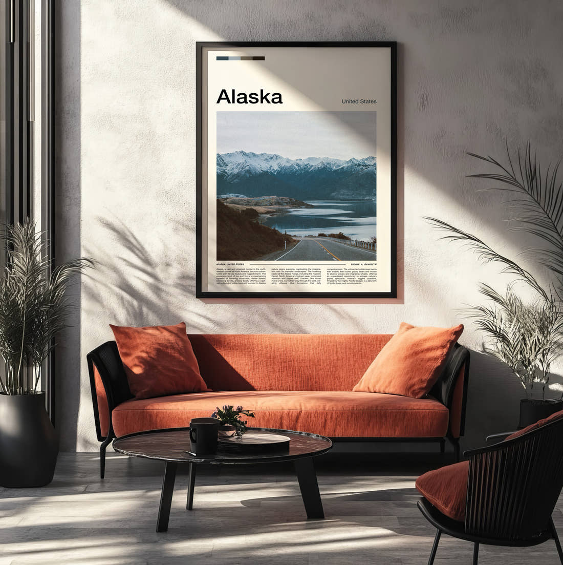 Alaska Coastal Road And Mountains Travel Print framed on the wall of a modern living room